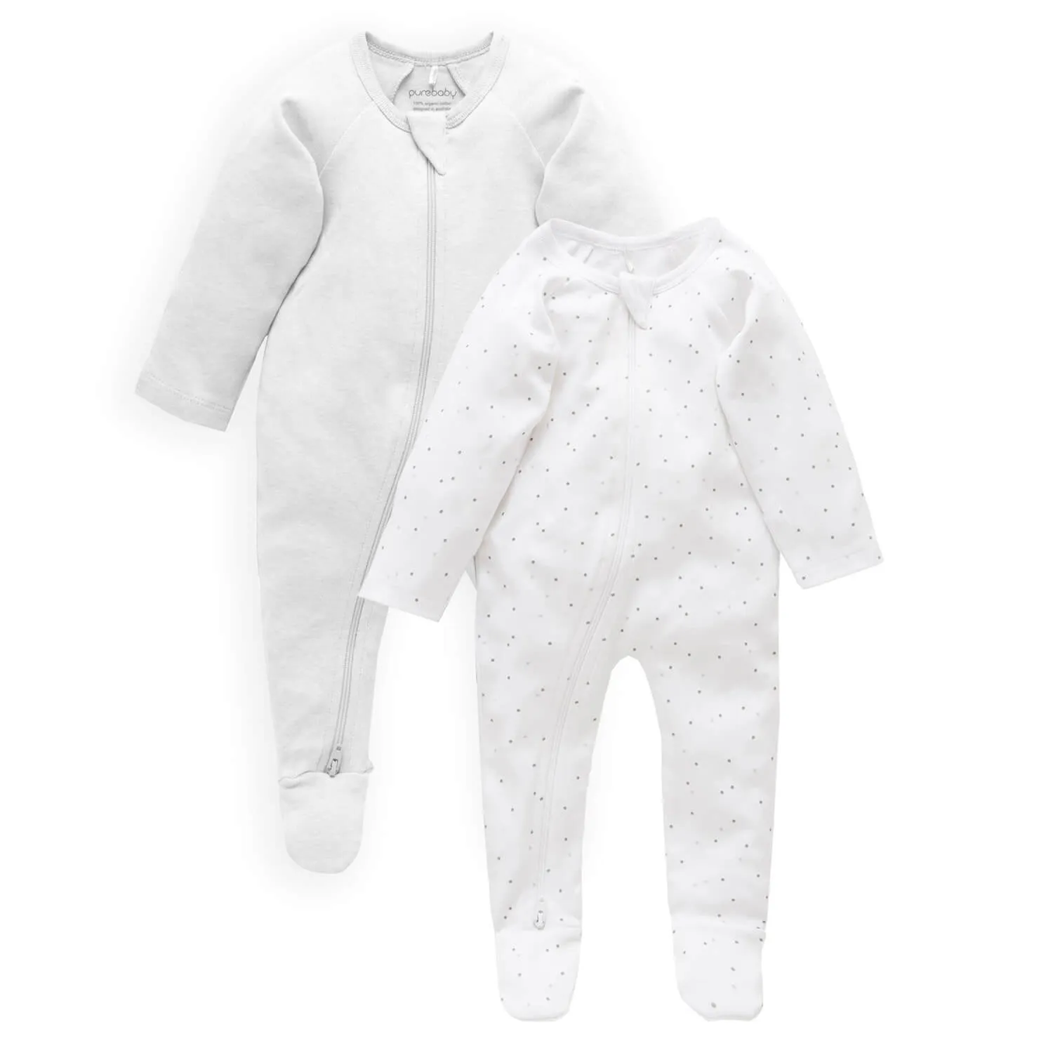 2 Pack Zip Growsuit - Pale Grey Spot/Pale Grey Melange