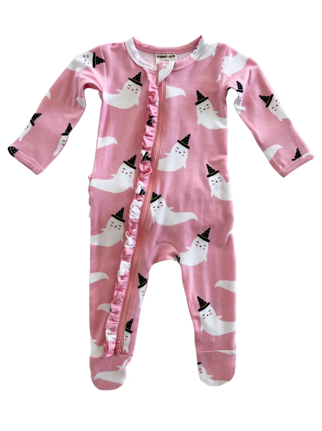 2-Way Ruffle Zip Footie, Pink Ghost