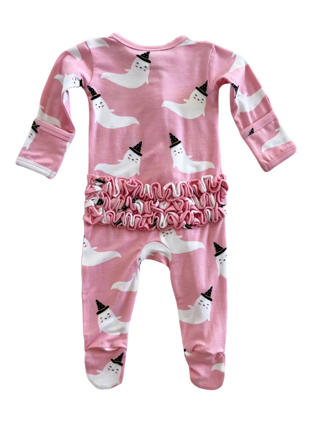 2-Way Ruffle Zip Footie, Pink Ghost