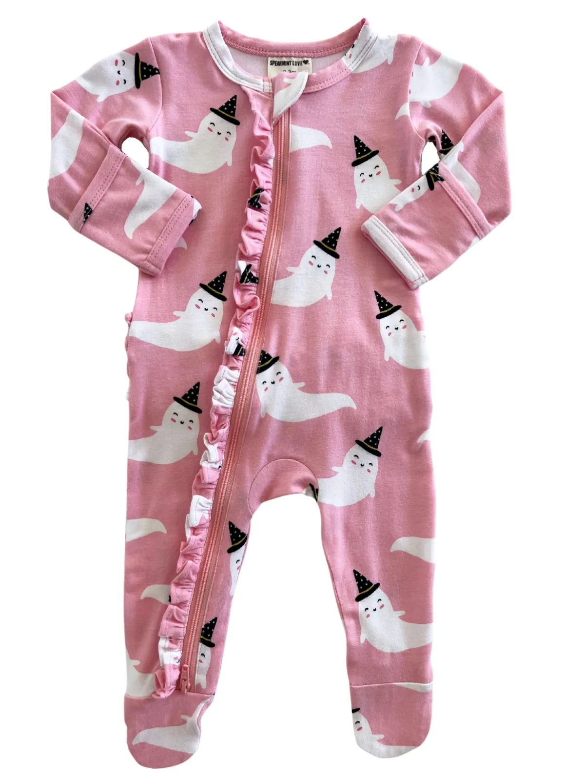 2-Way Ruffle Zip Footie, Pink Ghost