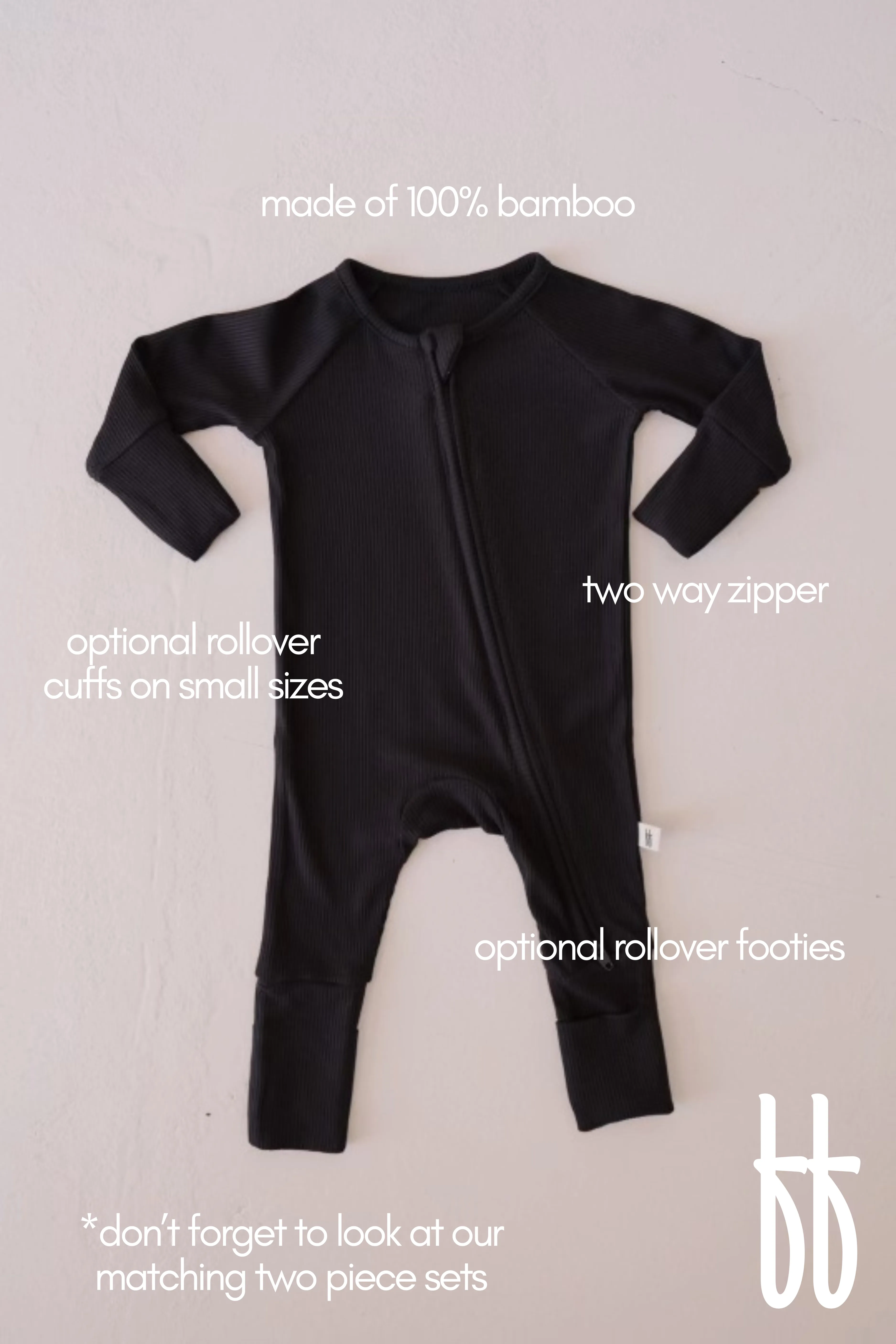 Bamboo Zip Pajamas | Black Ribbed