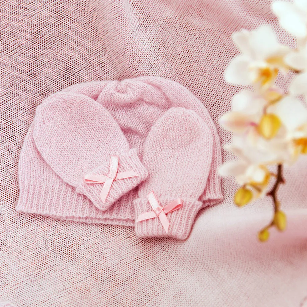 Cashmere Baby Hat and Mittens Set Pink