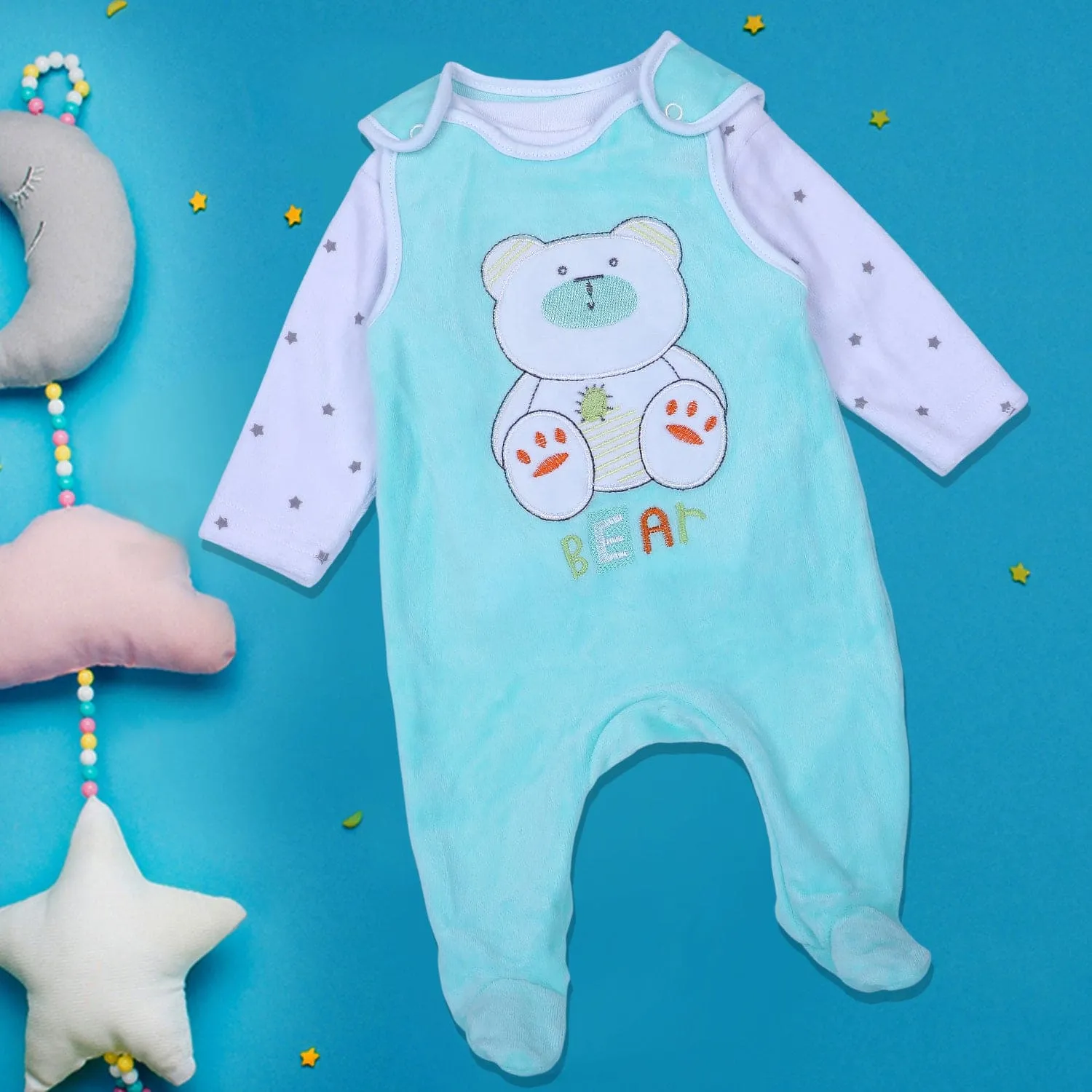 Cuddly Bear Infant 2 Piece Full Sleeves Tshirt And Romper Set - Turquoise