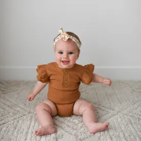 DESERT BRONZE RIB flutter short sleeve organic cotton bodysuit