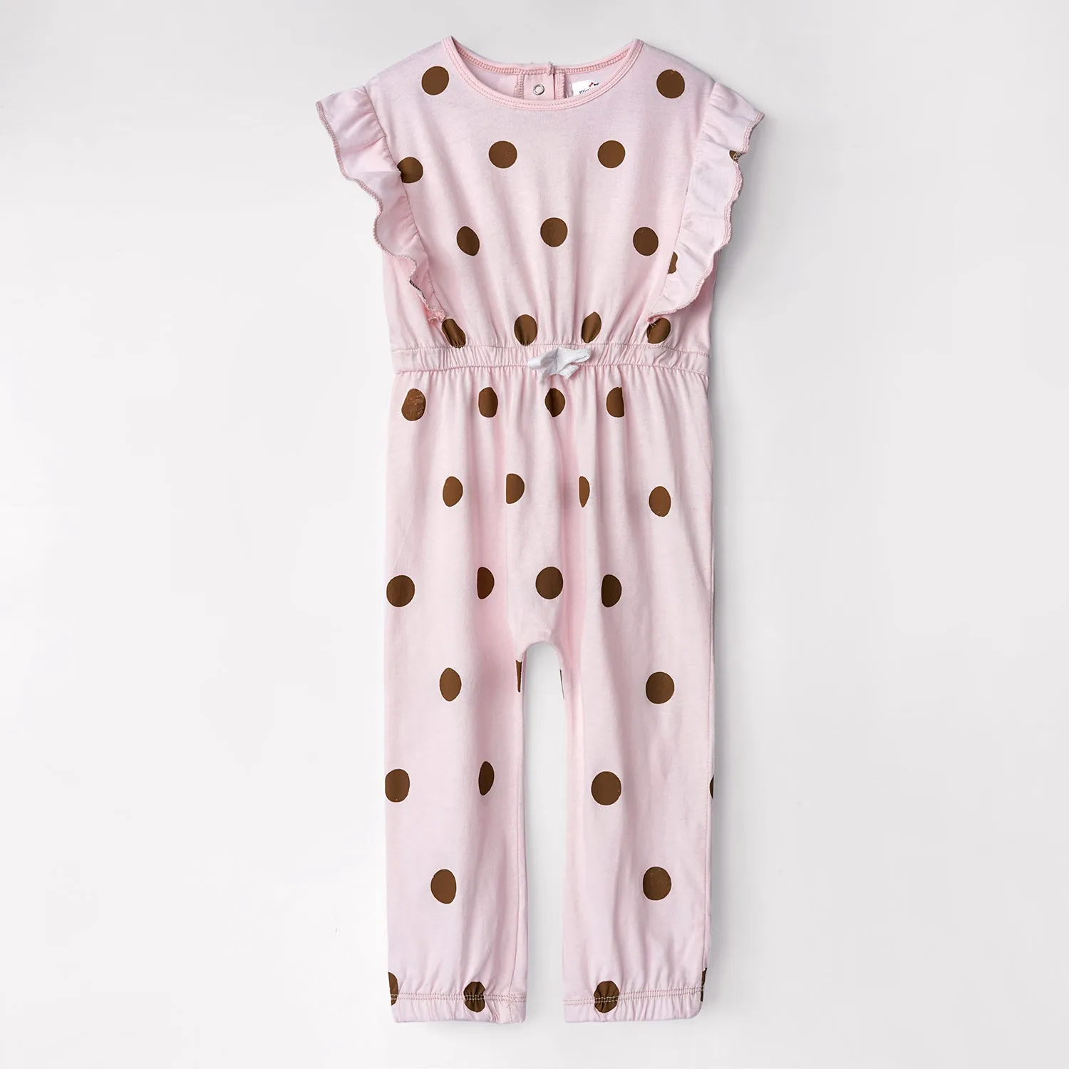 Girls All-Over Polka Dots Printed Pink Soft Cotton Frill Jumpsuit