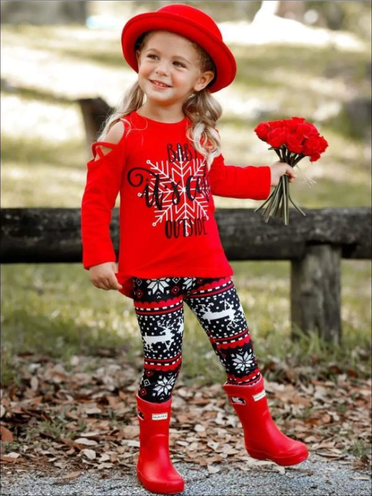 Girls "Baby it's Cold Outside" Cold Shoulder Long Sleeve Top & Reindeer Print Leggings Set