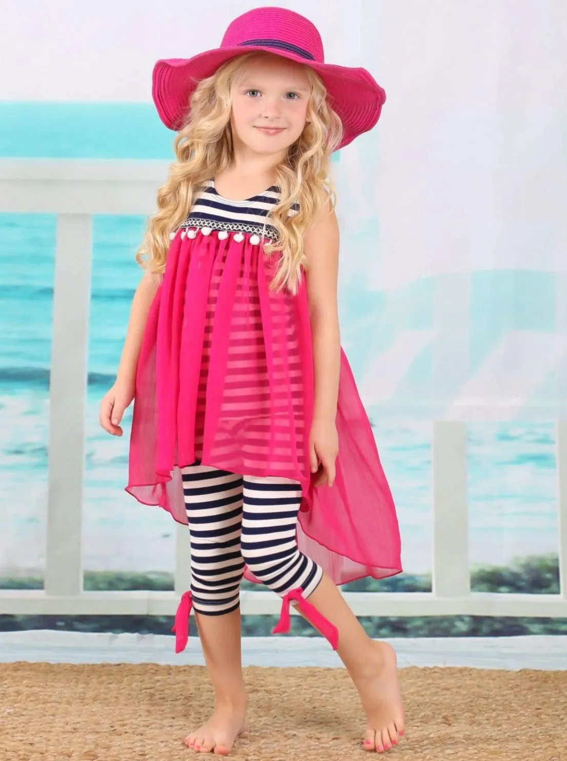 Girls Seaside Sunset Hi-Lo Ruffle Tunic And Striped Legging Set