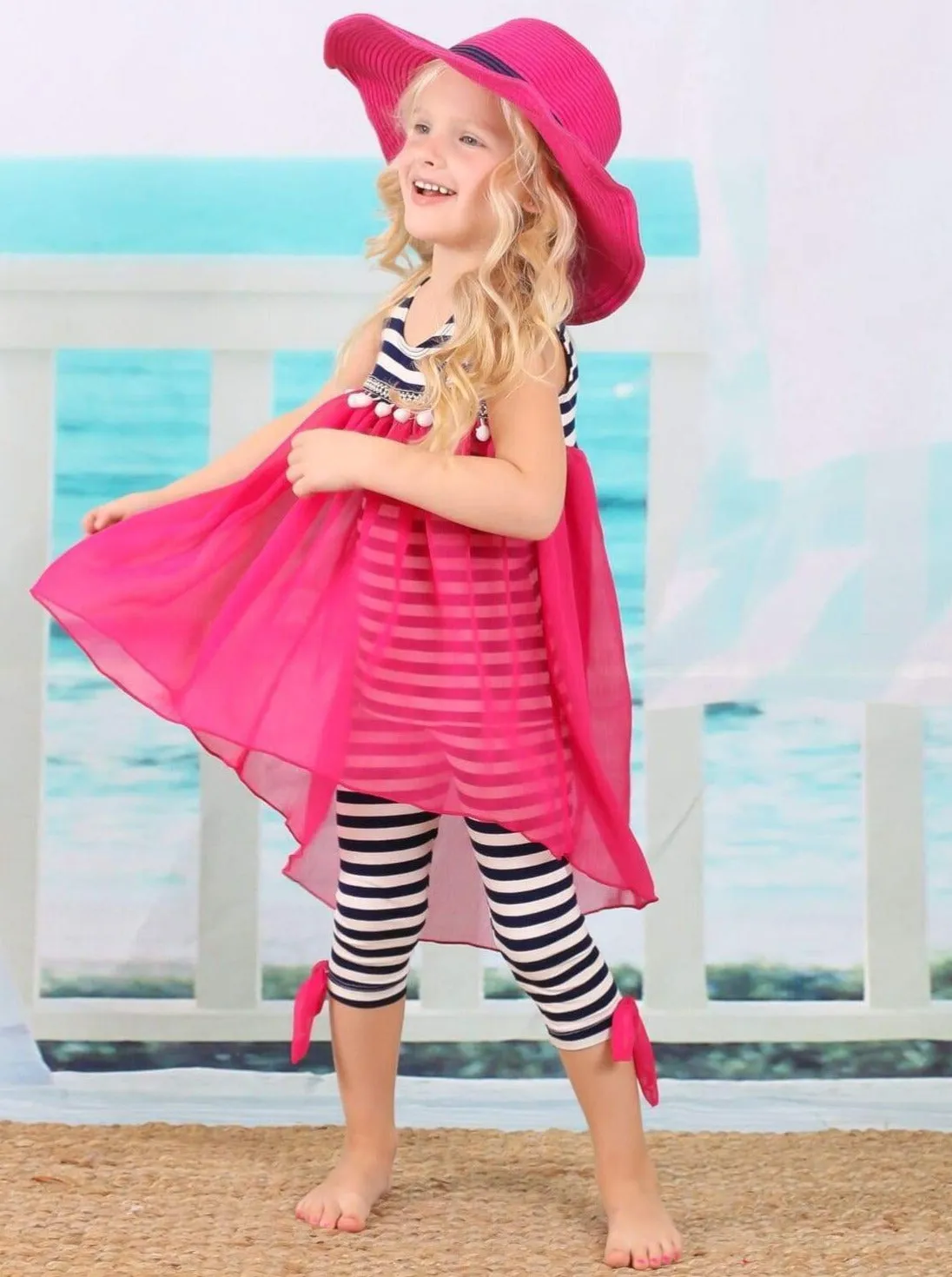 Girls Seaside Sunset Hi-Lo Ruffle Tunic And Striped Legging Set