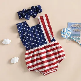 Infant Baby Girls Outfit Rompers 4th Of July Stars Striped Romper Jumpsuit With Hairband