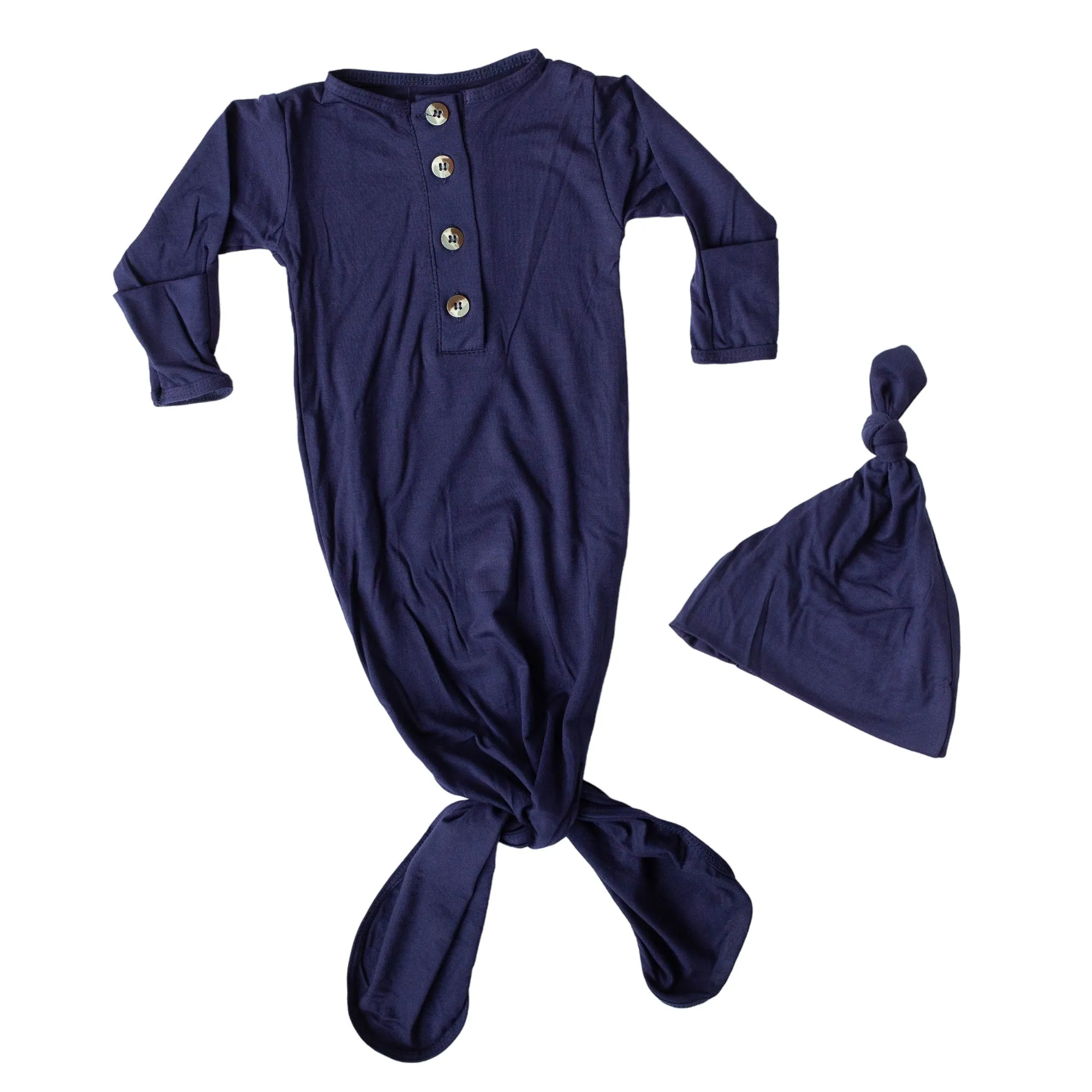 Knotted Baby Gown And Hat Set - Navy Blue (newborn-3 Months)