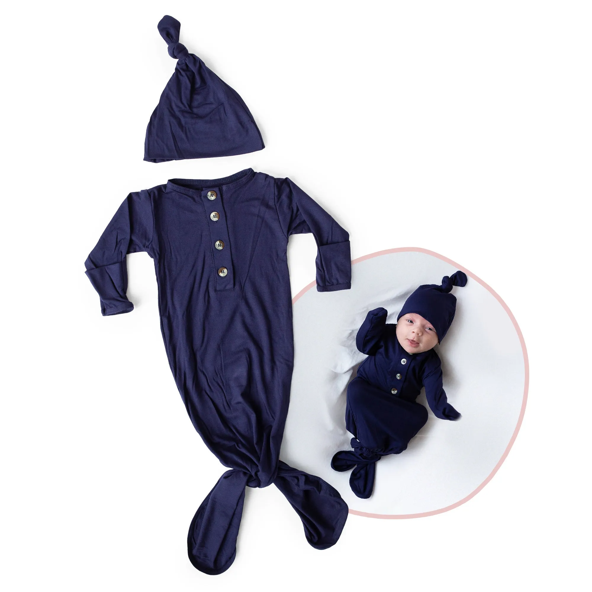 Knotted Baby Gown And Hat Set - Navy Blue (newborn-3 Months)