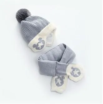 Mickey Woolen Baby Winter Cap With Muffler - Gray