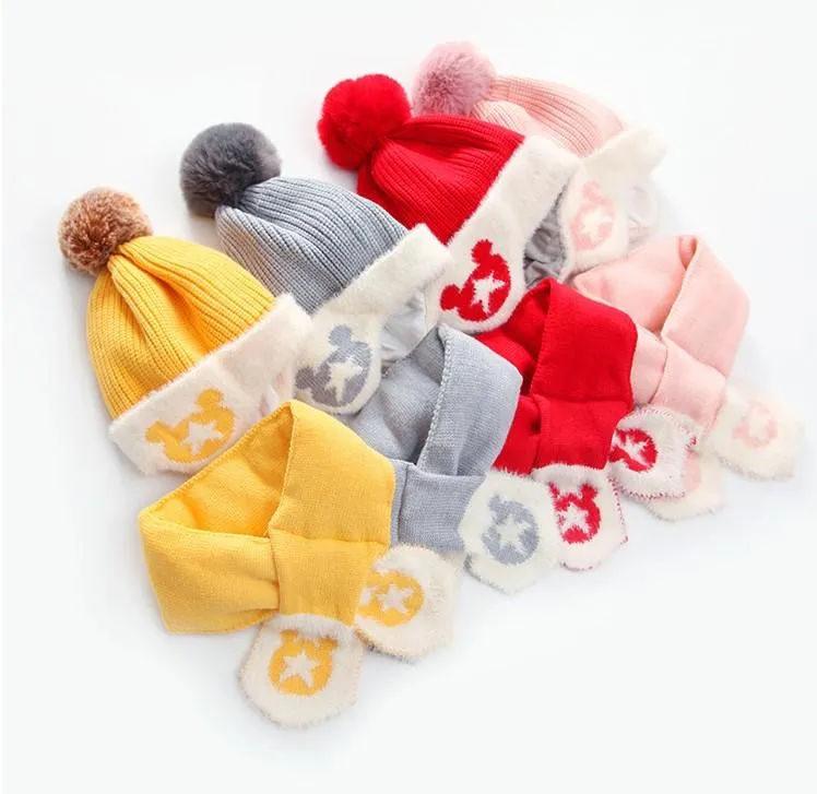 Mickey Woolen Baby Winter Cap With Muffler - Gray