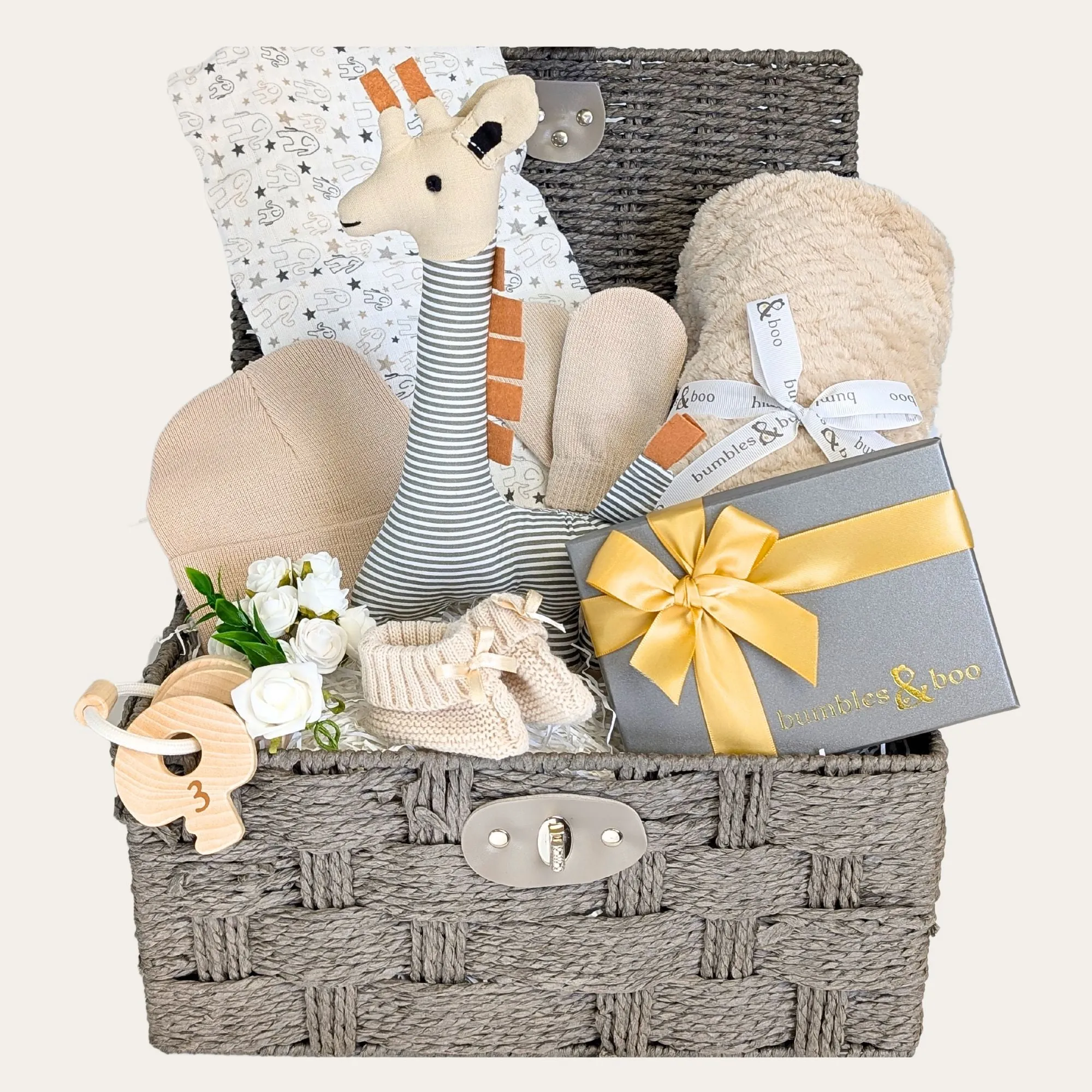 New Parent Gift Basket Snuggly Knits, Giraffe & Chocolates