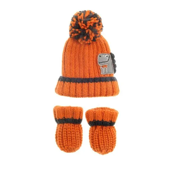 Orange Dinosaur Bobble Hat and Mittens