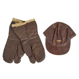 Original WWII U.S. Army Air Force Private Purchase B-2 Leather Flight Cap and A-9 Shearling Liner Flight Gloves