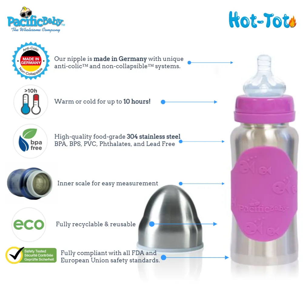 Pacific Baby Hot-Tot Stainless Steel Insulated 7 oz Infant Baby Eco Feeding Bottle - 2 Pack