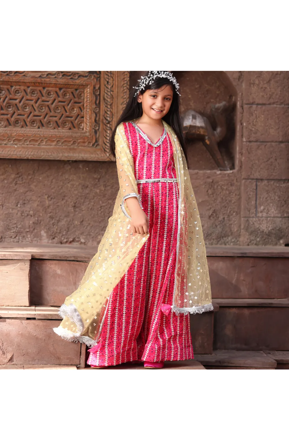 Pink Bandhej Printed SIlk Jumpsuit With Sequined Net Cape