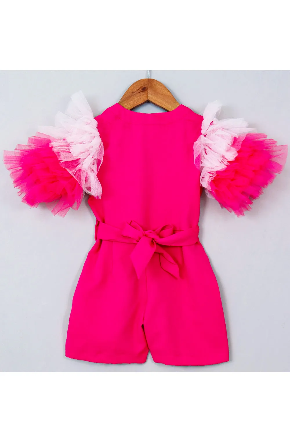 Pink Heart Embroidered Frill Crepe Jumpsuit