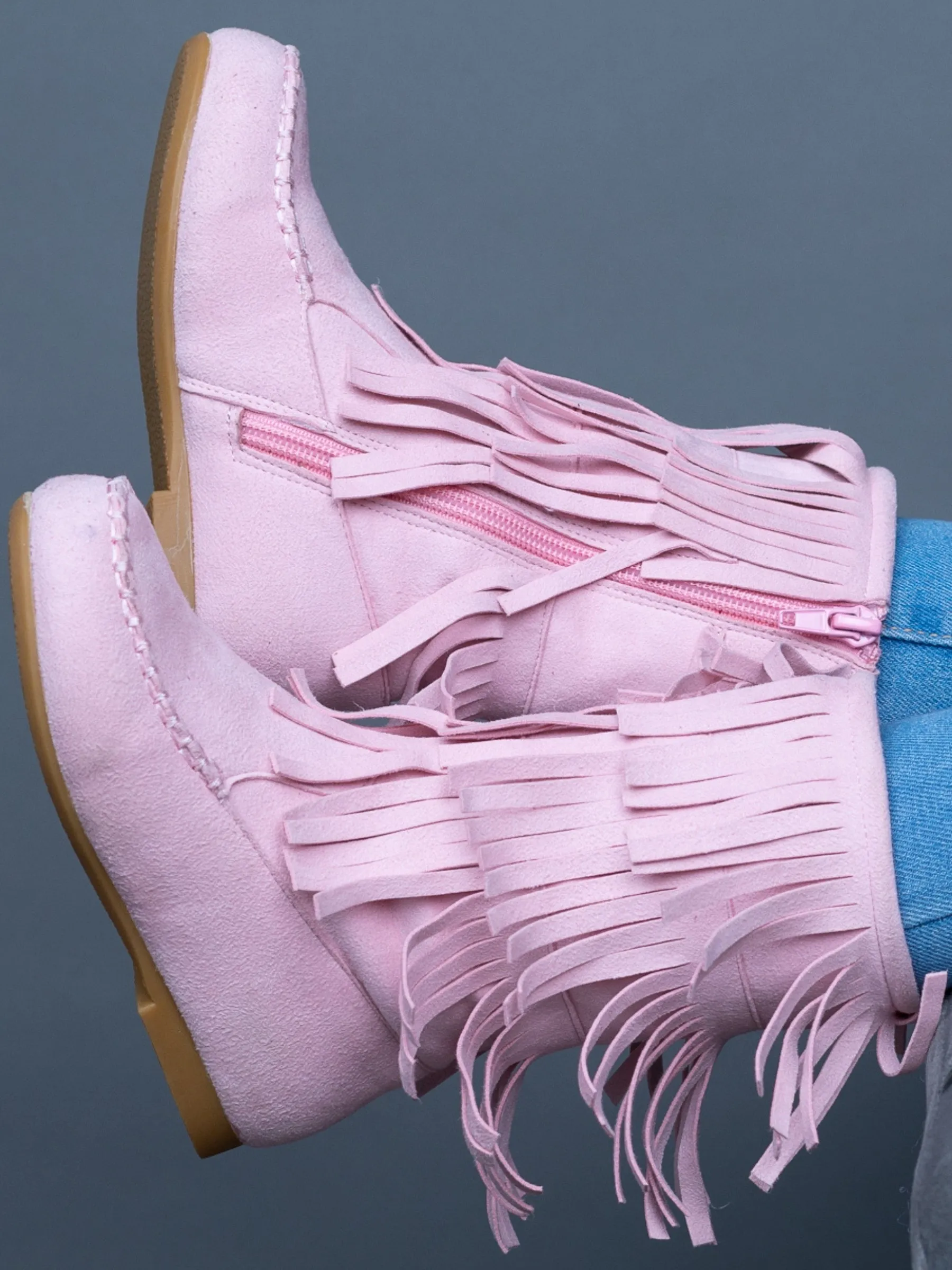 Pink Suede Tiered Fringe Boots By Liv and Mia