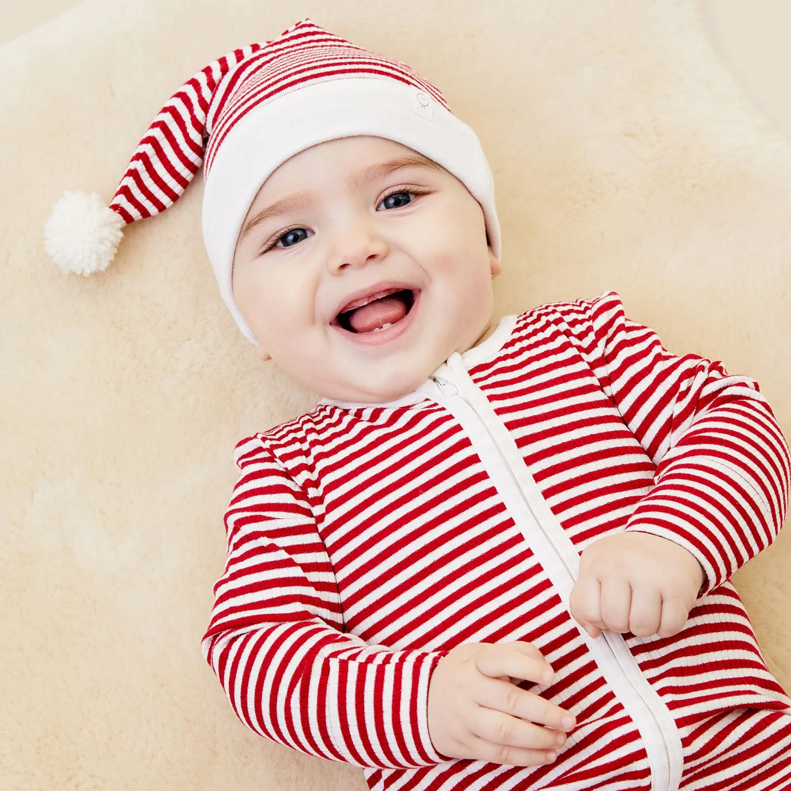 Ruby Stripe Ribbed Clever Zip Baby Pajamas & Elf Hat