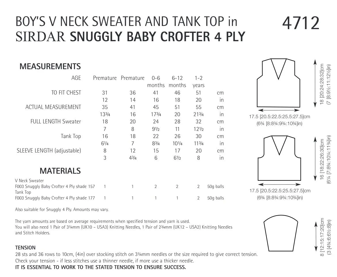 Sirdar Snuggly Baby Crofter 4ply V Neck Sweater and Tank Top Knitting Pattern 4712