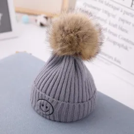 Smiley Pom Pom Baby Winter Cap - Gray