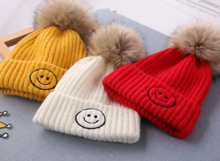 Smiley Pom Pom Baby Winter Cap - Gray