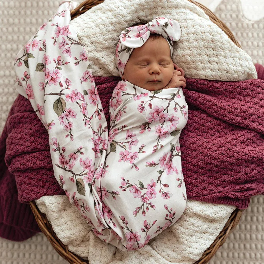 Snuggle Hunny Organic Cotton Baby Wrap & Topknot Set - Cherry Blossom