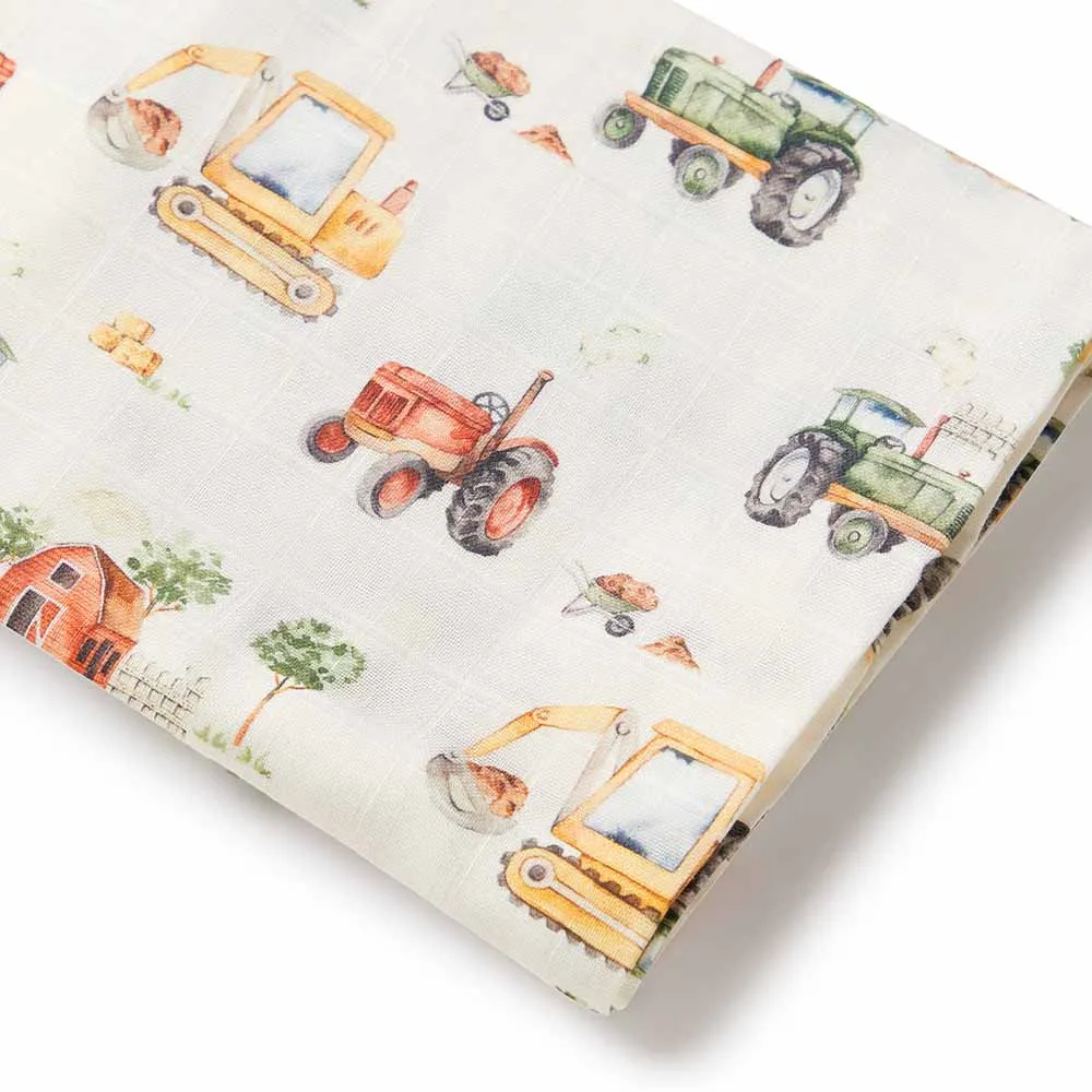 Unisex Organic-cotton Muslin Wrap - Diggers & Tractors