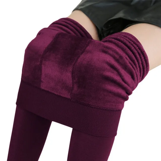 Winter Women Warm Solid Color Velvet High Waist Leggings Stretchy Leggings